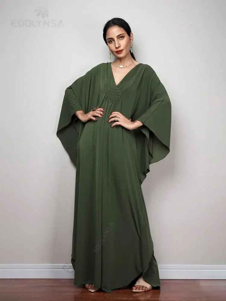 Solid V-neck Batwing Sleeve Plus Size Loose Maxi Dress For Women Summer Beach Wear Kaftan Long Bathing Suit Cover Up Q1306