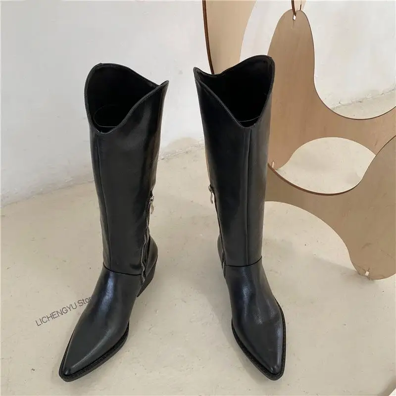 New Women Cowboy Boots Pointed Toe Women's Shoes Soft Leather Shoes Riding Over The Knee Boots