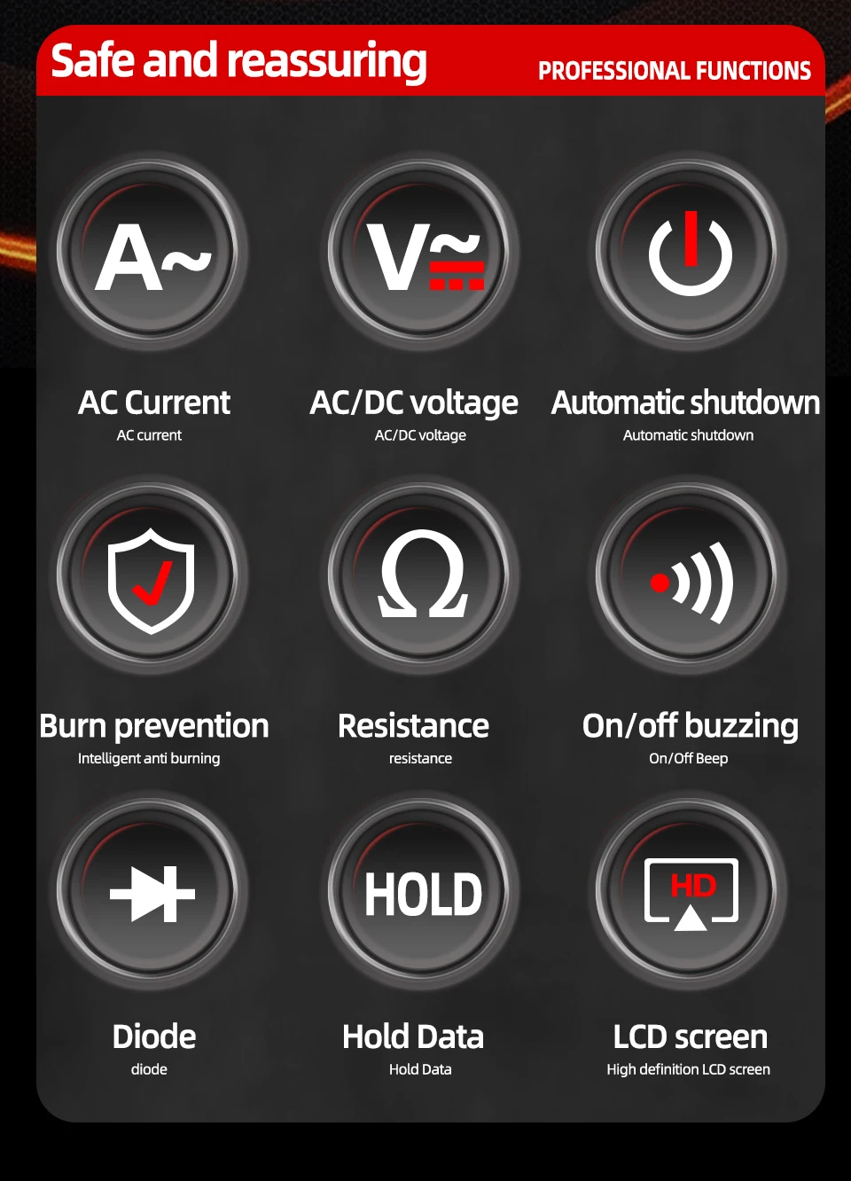 Description Picture 4 of itemANENG KT87N Mini Digital Clamp Meters AC/DC Voltage AC Current 600v True RMS Multimeter Capacitance Electrical Tester Tools