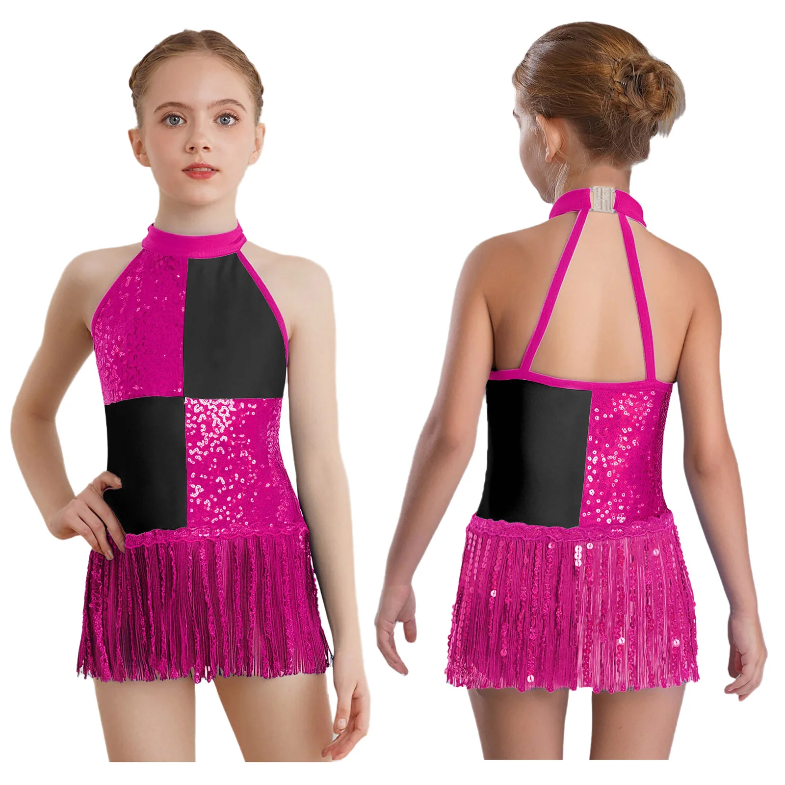 Teenager Mädchen ärmellose glänzende Pailletten Quaste Latin Jazz Dance Trikot Cha-Cha Samba Rumba Tango Skating Gymnastik Body Kleid – Detail 18
