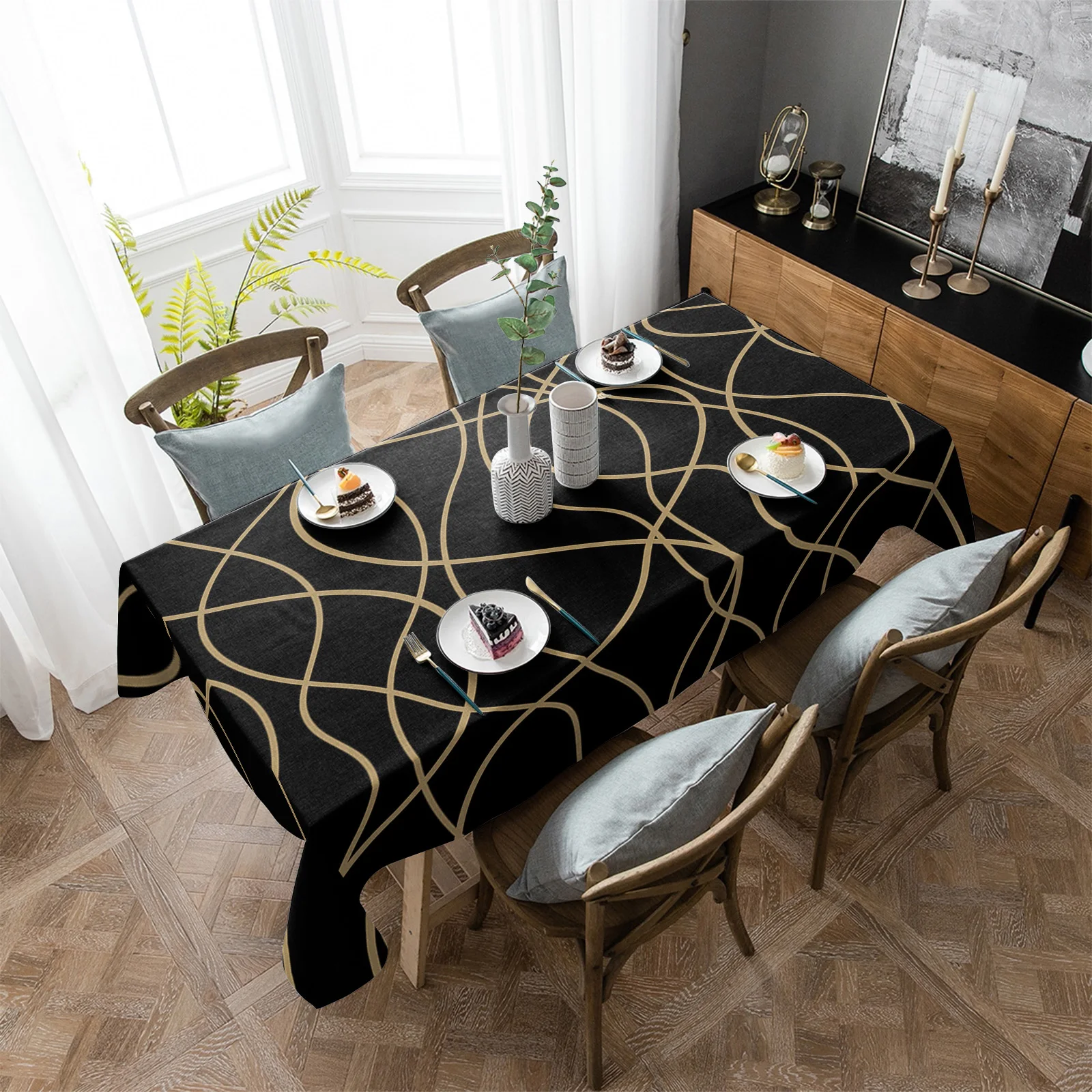 

Twisted Lines Modern Art Black Rectangle Tablecloth Dining Table Decor Waterproof Round Tablecloths Kitchen Home Decoration