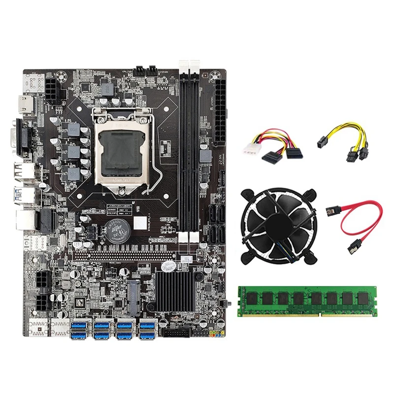 B75 BTC Mining Motherboard LGA1155 8 GPU USB3.0 To PCIE+Cooling Fan+SATA Cable+DDR3 4GB 1600Mhz RAM For Video Card Miner most powerful motherboard