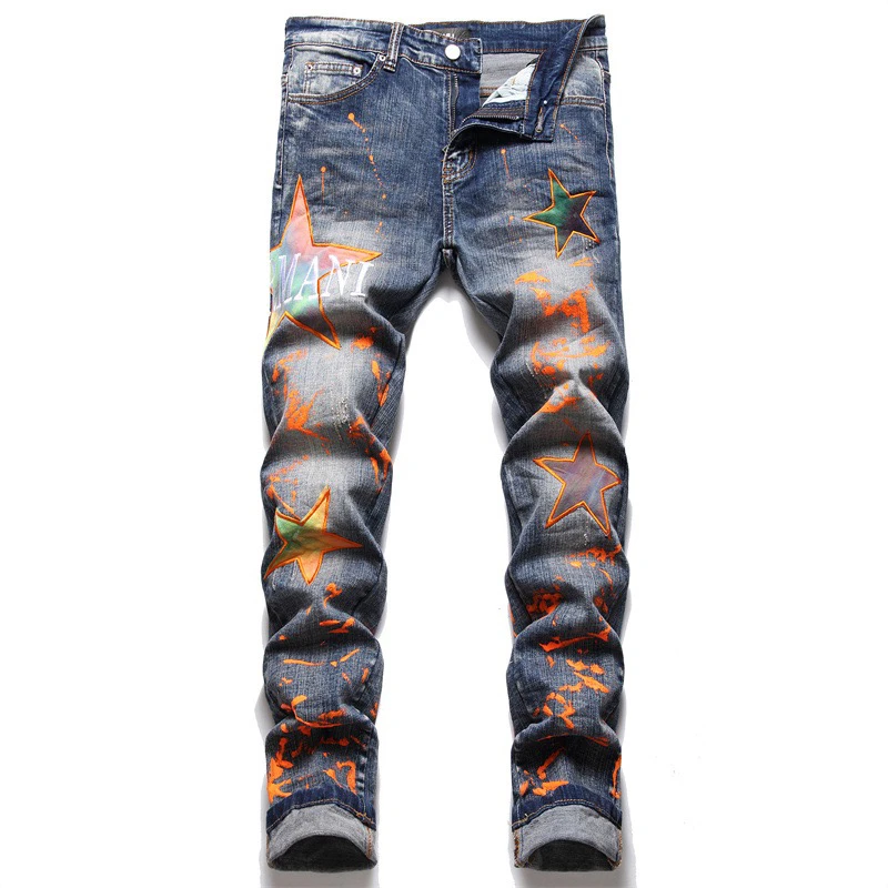 EH·MD Orange Splash Ink Jeans Men's Star Embroidery Patch 3D Printing Soft Casual Cotton Trend Youth Distress Extension Stretch