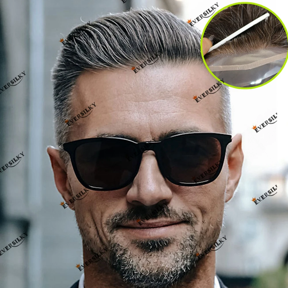 

Bleach Knots Lace Front Human Hair Men's Wig with Gray Hair Natural Hairline Versalite Breathable Hair Replacement System Remy