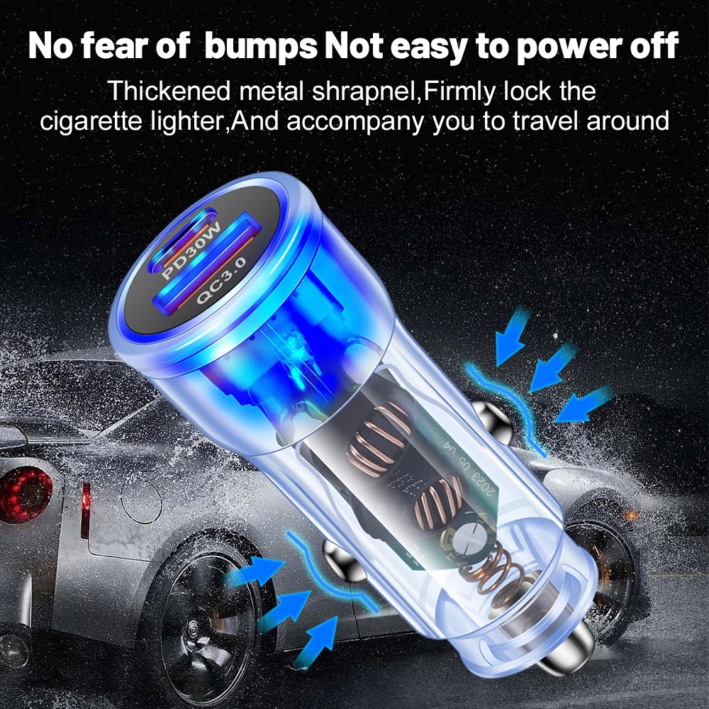 48W USB Mini Transparent Car Charger Fast Charging Type C Car Mobile Phone Charger For iPhone Xiaomi Samsung Huawei PD Charger