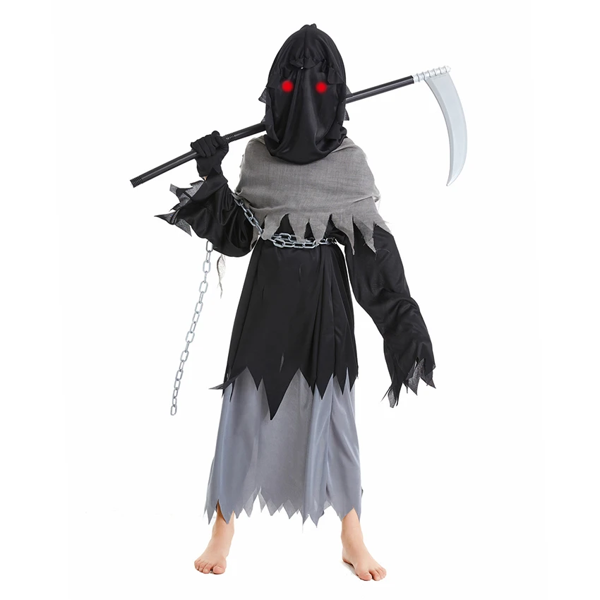 

Scary Grim Reaper Costumes LED Luminous Glasses Scythe Party Cosplay Anime Medieval Halloween Costume for Kids Witch Dress Prop