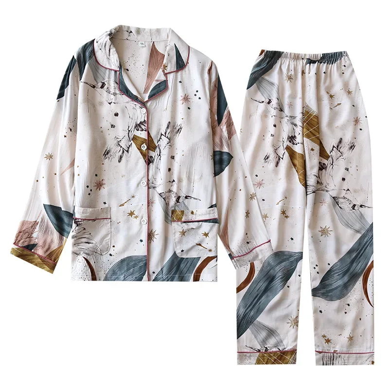 Spring / Summer New 100% viscose long-sleeved trousers ladies pajamas suit 3XL plus size long Sleepwear women\'s home Nightwear