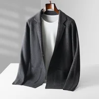 100% Cashmere Men's Casual Blazer Brand High Quality Sweater Jacket Man Knitted Coat Korean Style Suit Cardigan With Pocket Gray 2