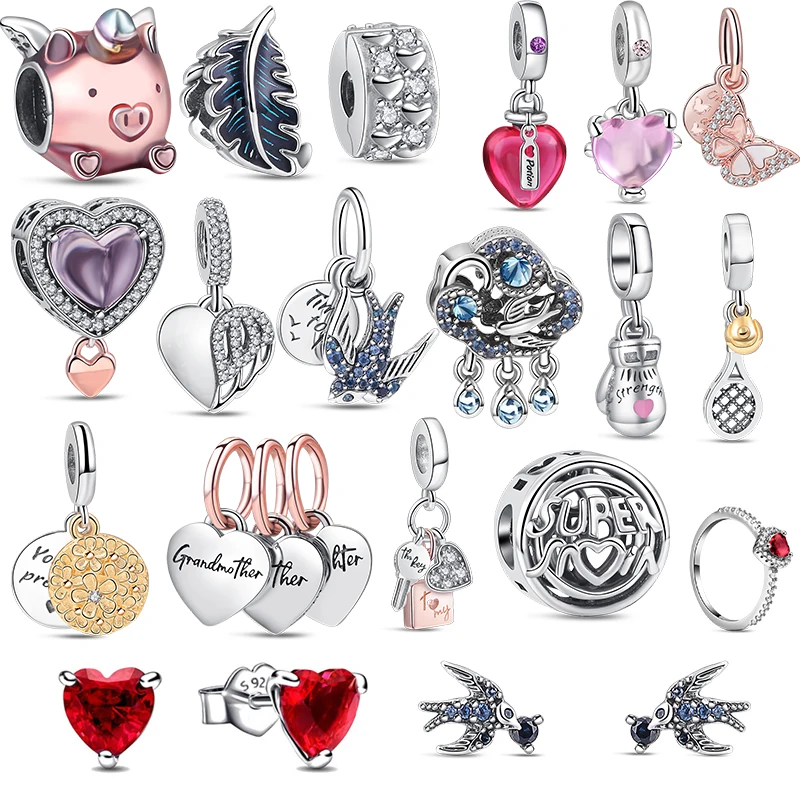 Nuovo 925 Argento Fit Originale Bracciale Pandora Ciondola Volare Unicorno Rondine Maiale Piuma Blu Guantoni Da Boxe Charms Perline Gioielli