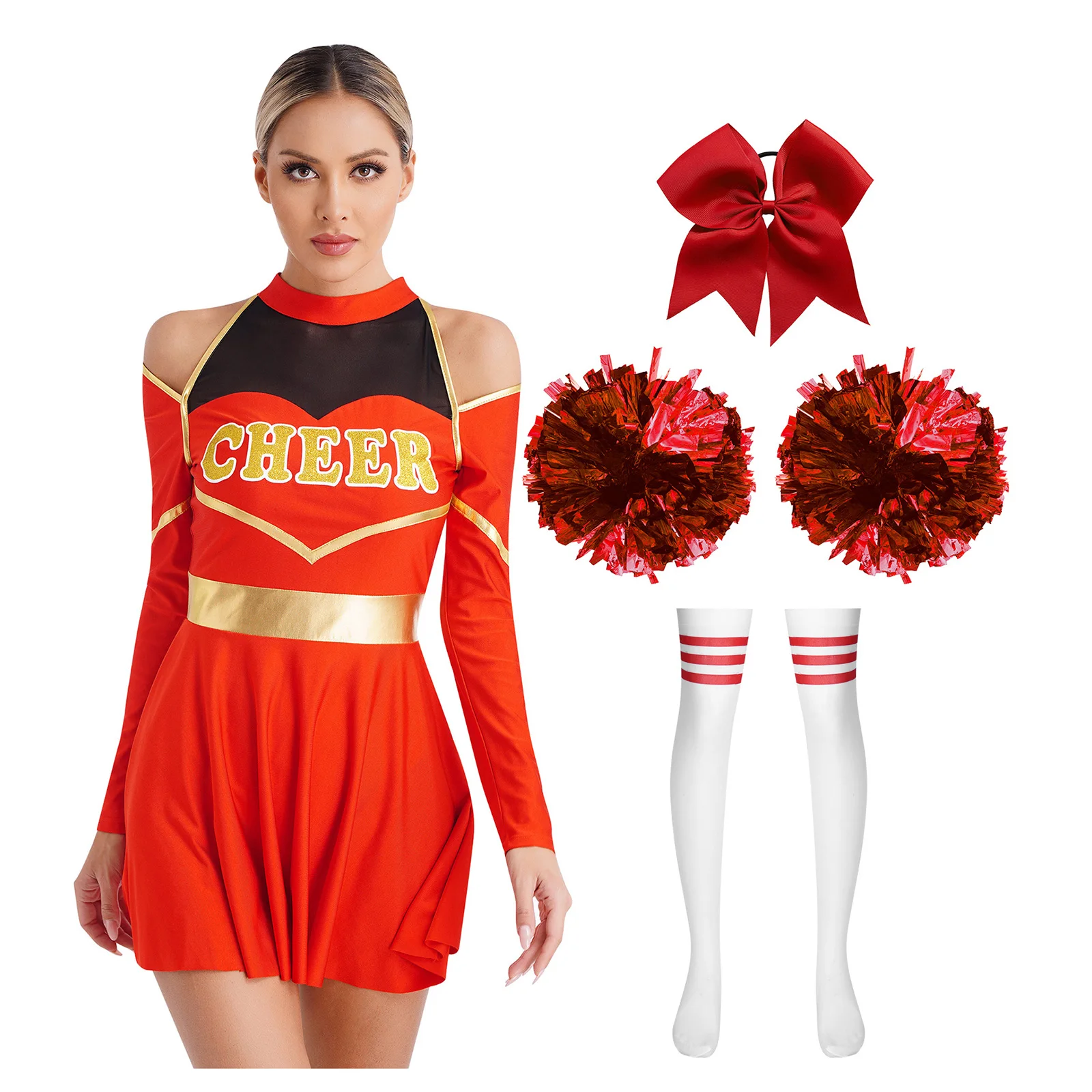 

Women's Cheerleading Uniform Pompoms Socks School Girl Cheerleaders Dance Costume Long Sleeve Dress Cheerleader Outfit Halloween