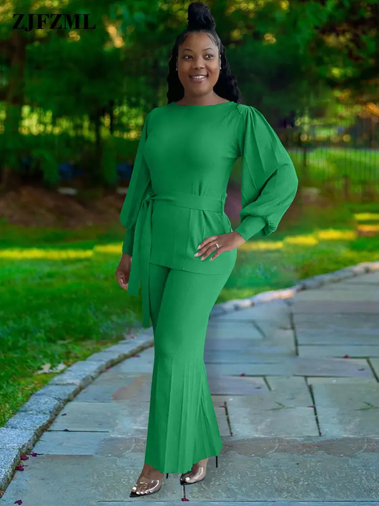 Office Ladies Two Piece Pant Suits For Women Long Lantern Sleeve Basic