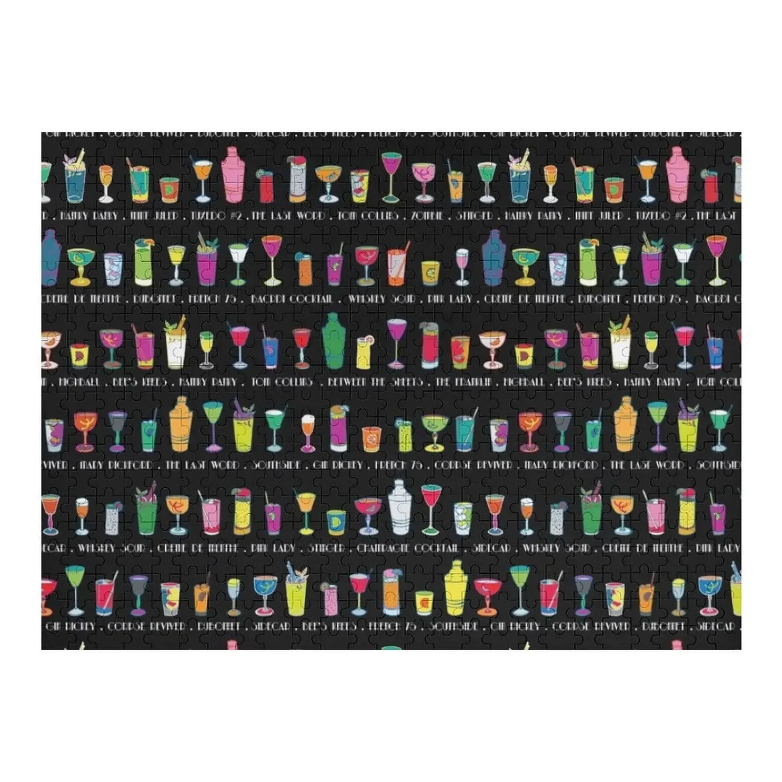 Line em Up! - Prohibition Cocktails pattern on black by Cecca Designs Jigsaw Puzzle Personalized Name Personalized Puzzle glamorous cocktails by william yeoward