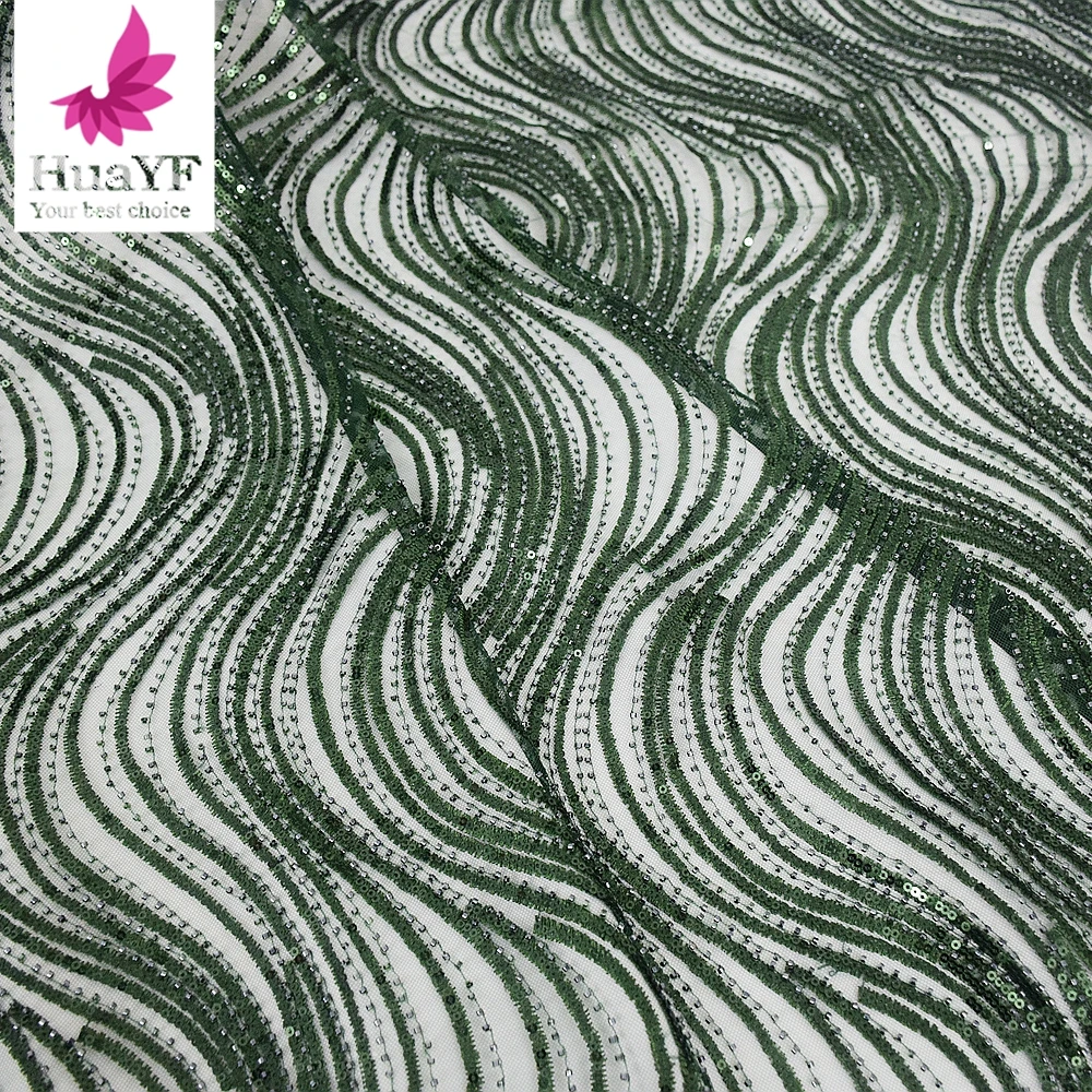 

Luxury Dubai Beaded Evening Dress Lace Fabric Elegant Green Striped Sequins Lace Dress 5 Yards HY2104