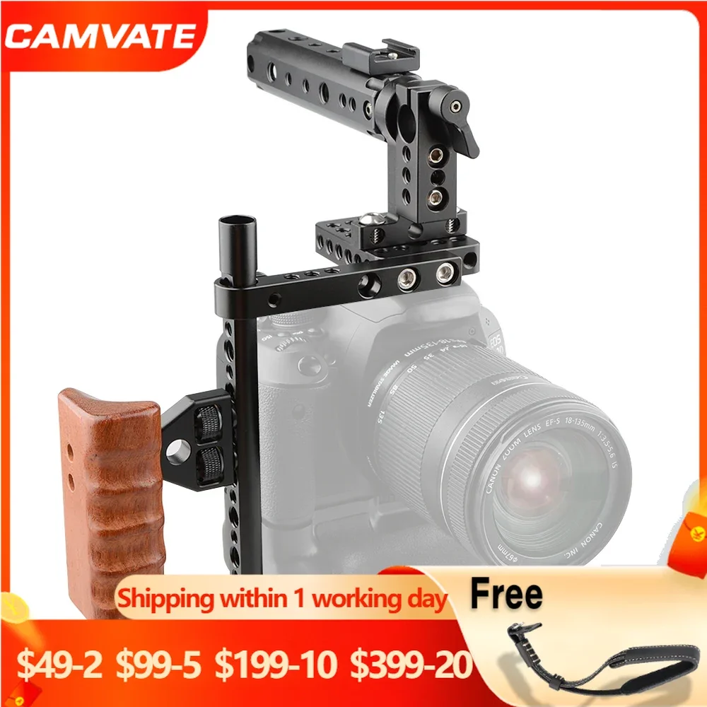 

CAMVATE Universal Camera Cage Rig With Wooden Handle Grip& Top Handgrip& Shoe Mount For Canon Nikon Sony Panasonic Fujifilm X-T2