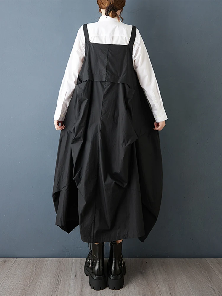 2025 Spring Autumn New Black Vintage Straps Dresses For Women Sleeveless Pleated Loose Casual Dress Robe Elegant Fashion Clothes