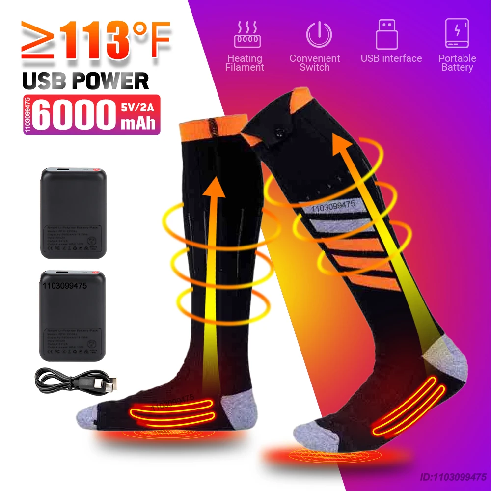 Chaussettes chauffantes rechargeables hommes femmes 6000mah USB chaussettes de Ski chauffantes électriques chauffe-pieds Ski snowboard cyclisme chaussettes thermiques