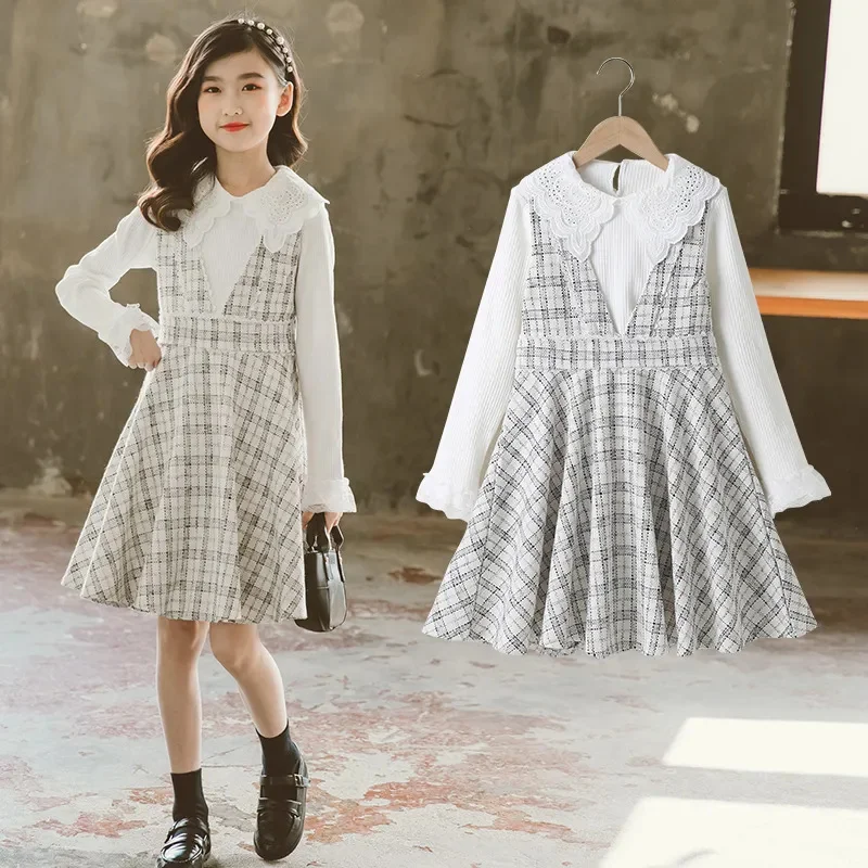 

2023 Spring Fall Retro Style Girl Baby's Clothes Kids Plaid Long Sleeve Dress Adolescent Girls' Clothing Outfit Wear
