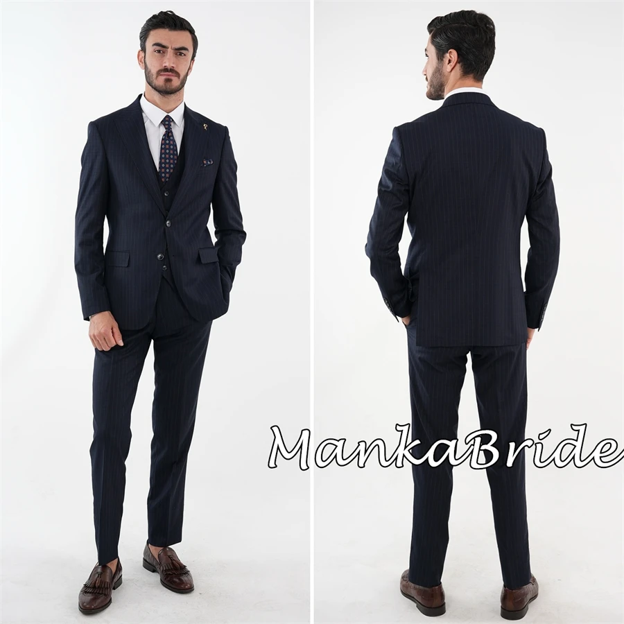 Grey Stripe Elegant Men's Suit for Wedding Groom 3pcs Blazer Vest Pants Formal Business Party Full Male Suits