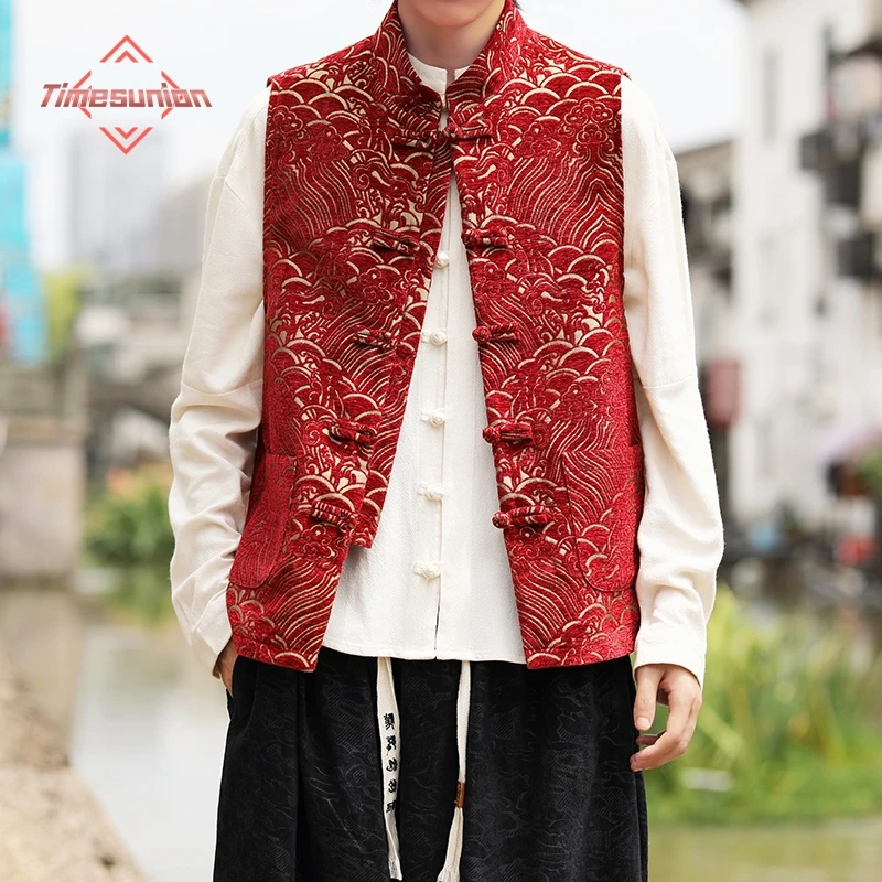 Veste traditionnelle chinoise rouge pêche - Veste Tang jacquard à boucles pour pêcheurs élégants