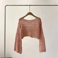 2024 Y2K Long Sleeve Crochet Knit Top Summer Beach Bikini Cover Up Crop Pullover Wool Knitwear Blouse Women Vacation Boho Outfit - Image 4