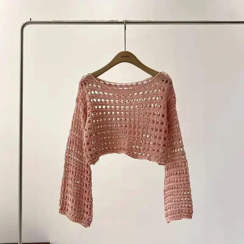 2024 Y2K Long Sleeve Crochet Knit Top Summer Beach Bikini Cover Up Crop Pullover Wool Knitwear Blouse Women Vacation Boho Outfit 4