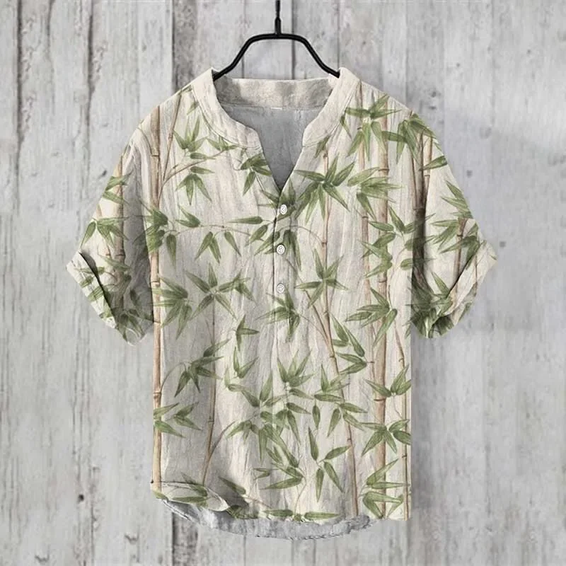 New 2024 Japanese-style 3D Print Vintage Henley Shirts Men's Fashion Short Sleeve T Shirt Tees Tops Clothing