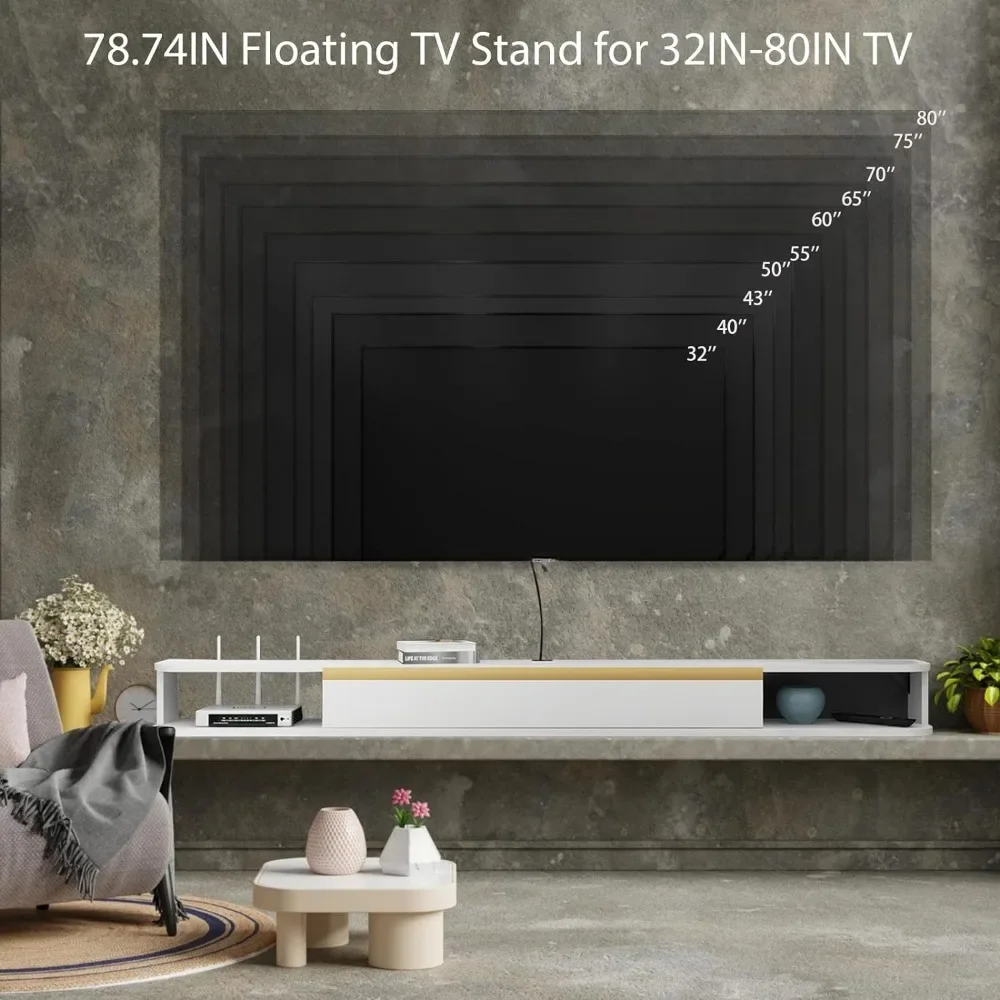 Bixiaomei Floating TV Stand, 79'' Wall Mounted Entertainment Center TV Media Console, Floating Shelves with Door(White, 78.74IN) 4