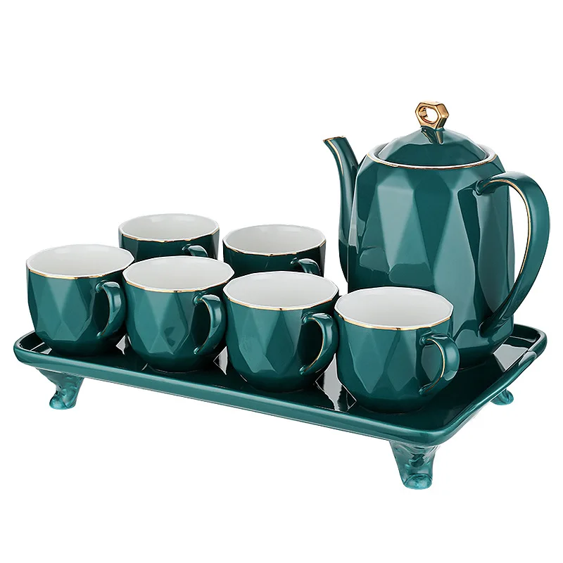 

European Cooling Kettle Set with Tray Home Living Room Tracing gold Ceramic Cup With Large Capacity Heat Resistant Water Cups