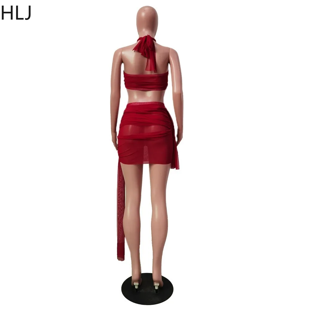 HLJ Sexy Mesh Perspective Bodycon Two Piece Sets Women Halter Sleeveless Backless Top + Mini Skirts Outfits Female Club Clothing