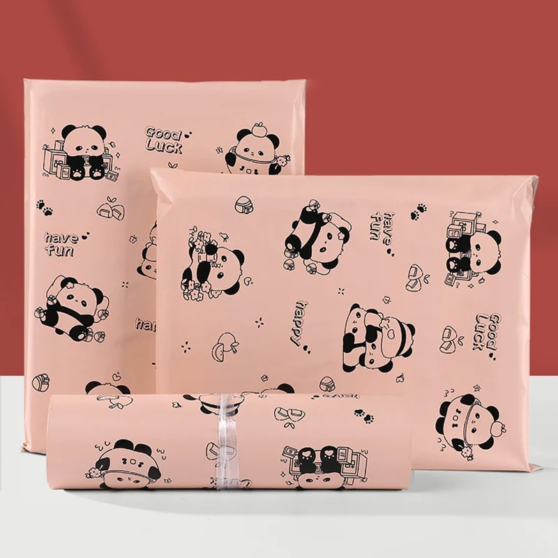17x30cm/25x35cm Lotus Pink Express Bag Cute Panda Print Courier Bags Good Luck Shipping Mailing Envelope Gift Pouches 10Pcs