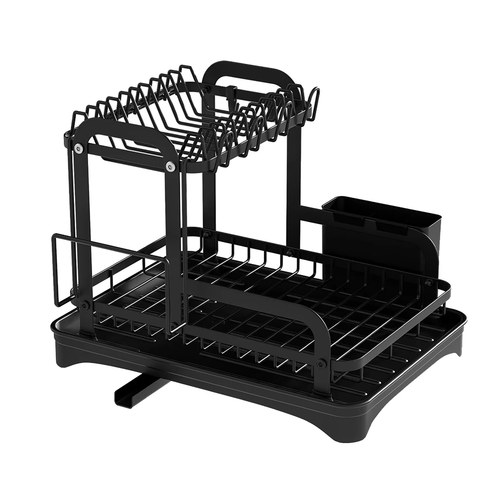 2 Tier Dish Drainer with Drip Tray Dish Rack Cup Holder Kitchen Sink Organizer Cutting Board Holder 360-Degree Retractable Drain