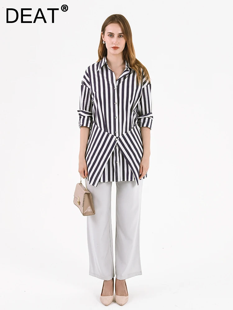 

DEAT Fashion Women's Blue Striped Shirt Lapel Loose Single Breasted Long Sleeve Splicing Waistband Blouse Autumn 2023 New CP2010