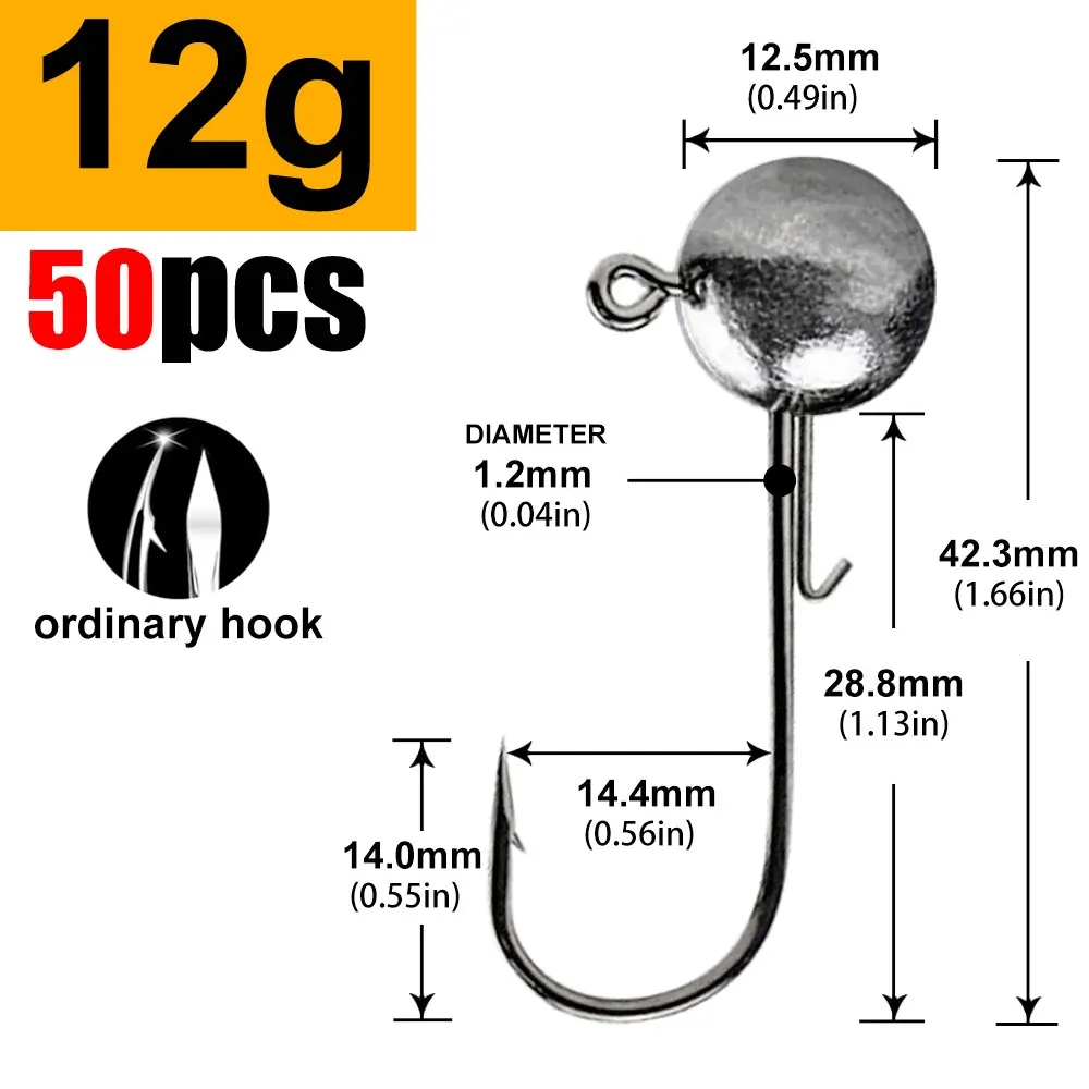 JYJ 50Pcs 2g-20g Round Ball Jig Heads Carp Fishing Jig Hook