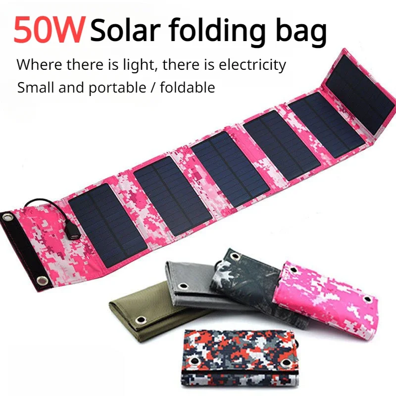 Foldable Solar Panel 5V 50W Power Bank for Cell Phone Outdoor Waterproof USB Battery Charge for Camping Accessories