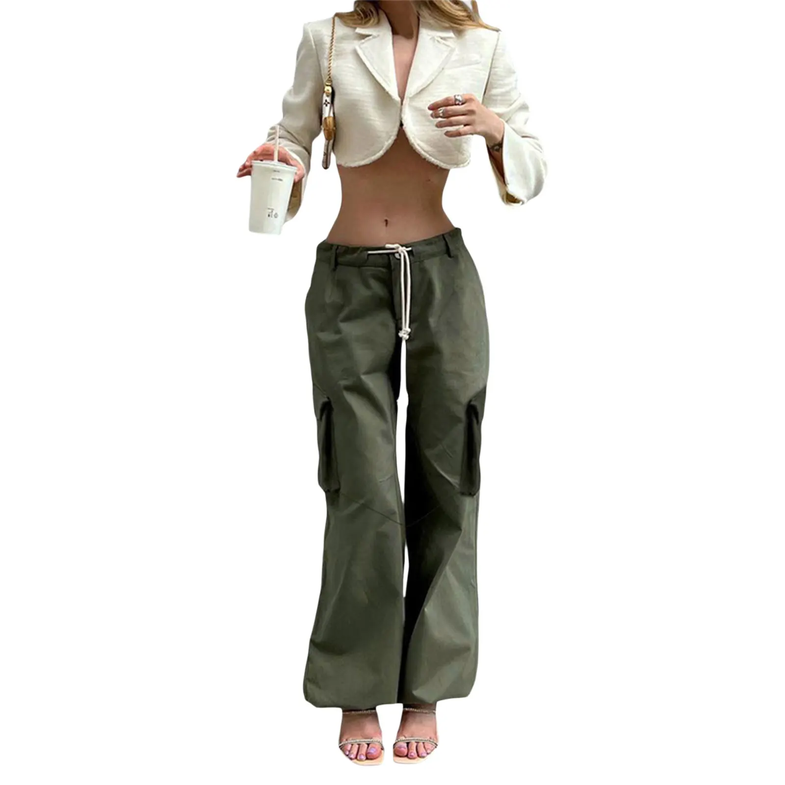 

Women Fashion Loose Cargo Trousers Solid Color Drawstring Tie-Up Straight Pants Spring Autumn Casual Pockets High Waist Pants
