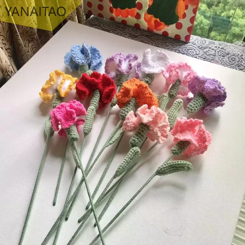 

Finished Wool Yarn Crochet Hand-knitted Solid Color Carnation Artificial Flowers Home Decoration Accessories Bouquet Women's Day