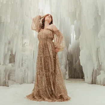 Brown Pearl Sequin Transparent Mesh One Shoulder Dress Maternity Dress Photoshoot Props Pregnant Women Photography Dress 1