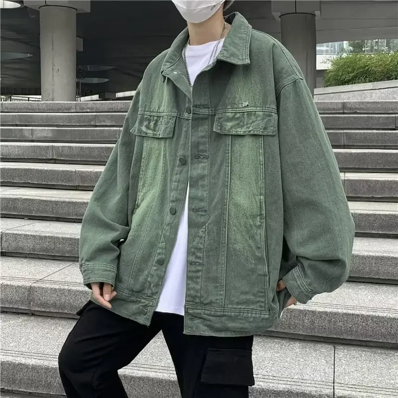트렌디한 루즈핏 남성 데님 재킷 봄 가을 한국 홍콩 스타일을 위한 다용도 캐주얼 가디건