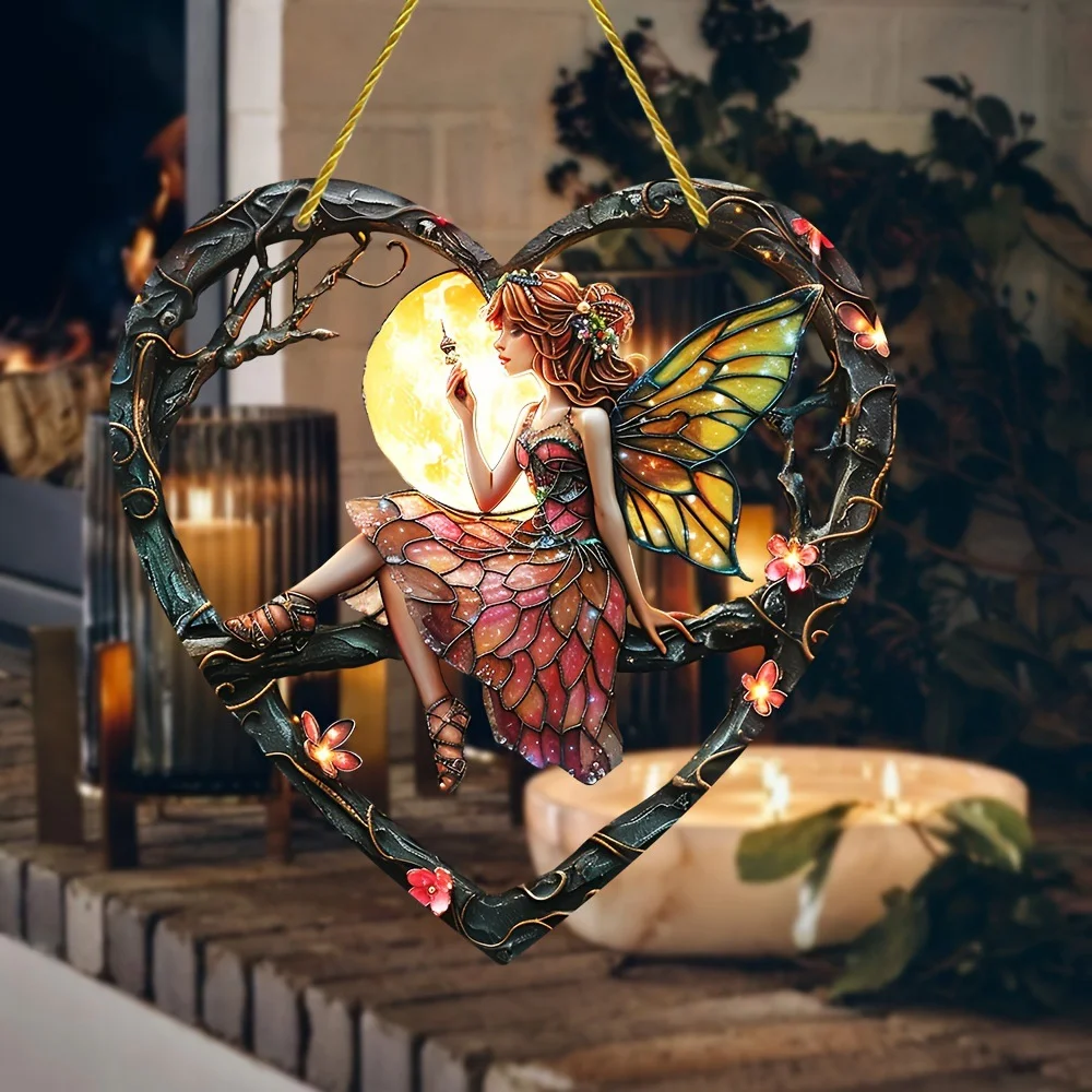 Fairy Angel Colorful Art Flower Suncatcher Stained Window Hanging Heart Shape Acrylic Pendant For Home Garden Yard Decoration 3