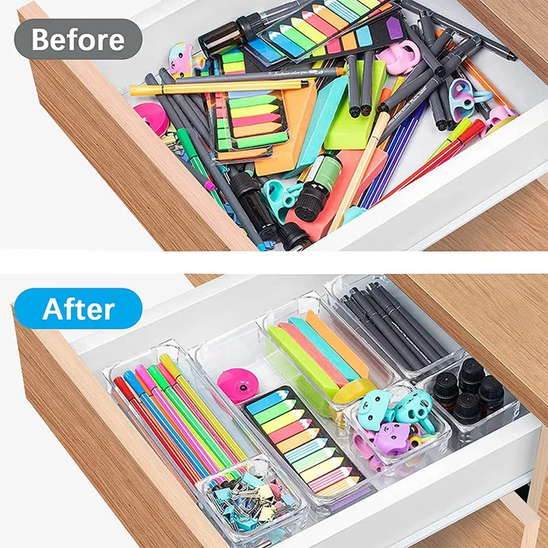 13 PCS Clear Drawer Organizers Set 5 Sizes Plastic Vanity Drawer