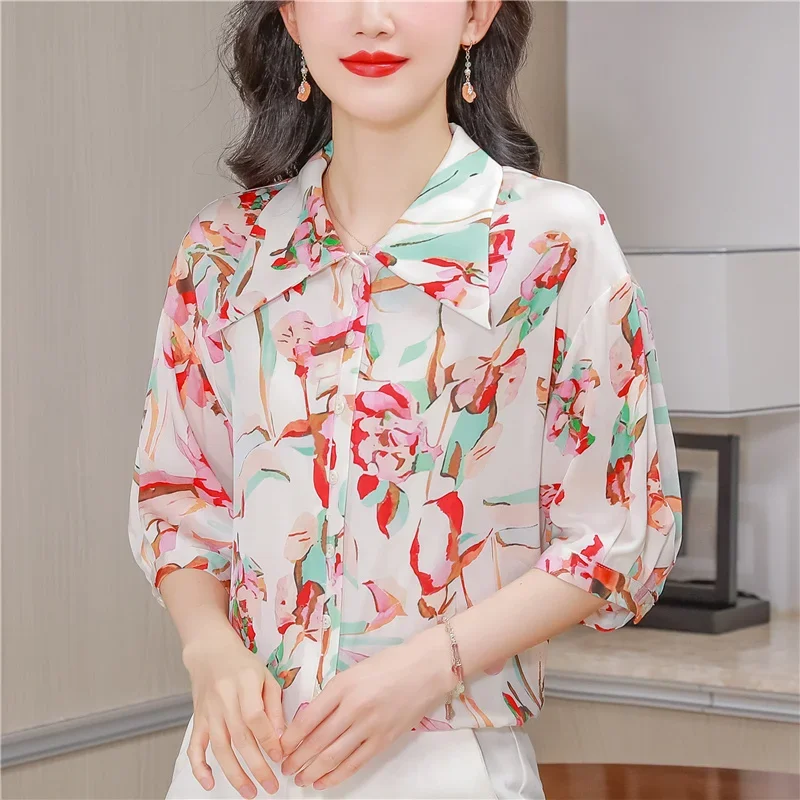 Satin Vintage Women's Shirt Summer Prints Blouses Loose Fit Silk Short Sleeve Women Tops Fashion Clothing 2024 Korean