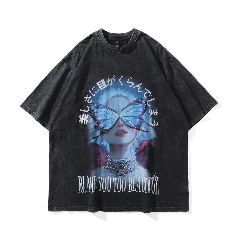 

Streetwear T Shirts Men Graphic Butterfly Printed Oversized Vintage Designer Washed Cotton Fashion Harajuku Hip Hop T-shirt Tops