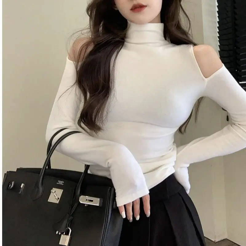 Turtleneck T-shirts Women Slim Long Sleeve Designed Sexy Autumn Tops Elegant Office Lady Sweet Temper All-match Popular Korean