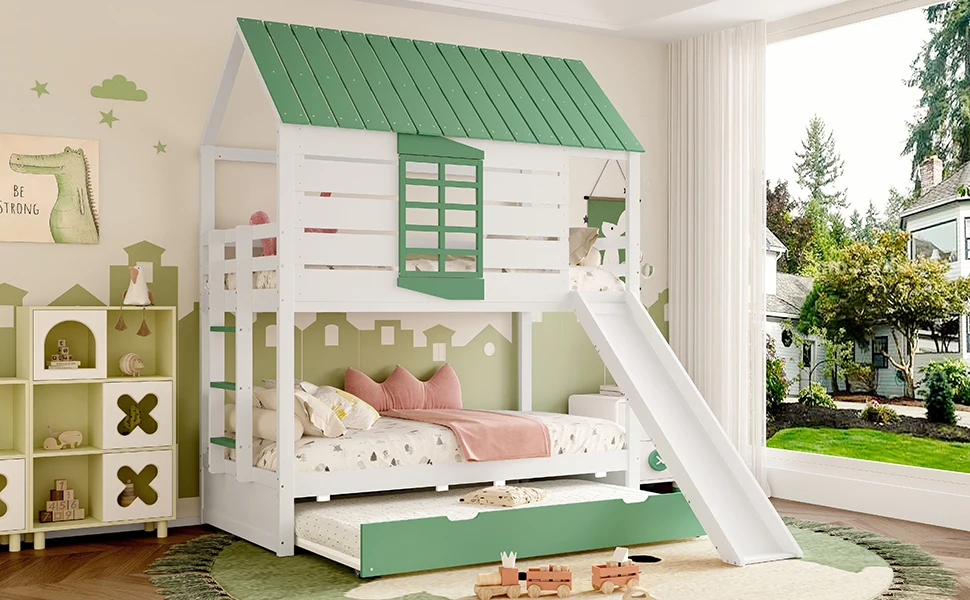 90x200 Hausförmiges Etagenbett mit Rutsche und Ausziehbett, weiß-grünes Kombi-Modell – Detail 19