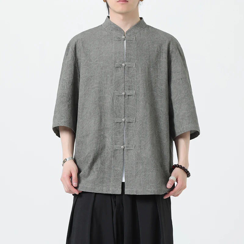 New Cotton Linen Shirt Tang Suit One Word Button Short Sleeve Chinese Style Men Tops Male Loose Casual Kung Fu Outfit Shirt 5XL