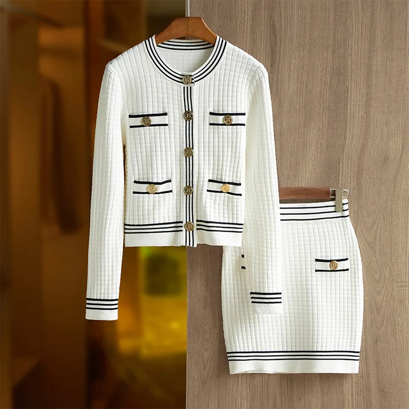 

Round Neck Knitted Fashion Dress Set Spring Small Contrast Color Long Sleeve Top Elastic Waistpack Hip Short Dress Two Piece Set