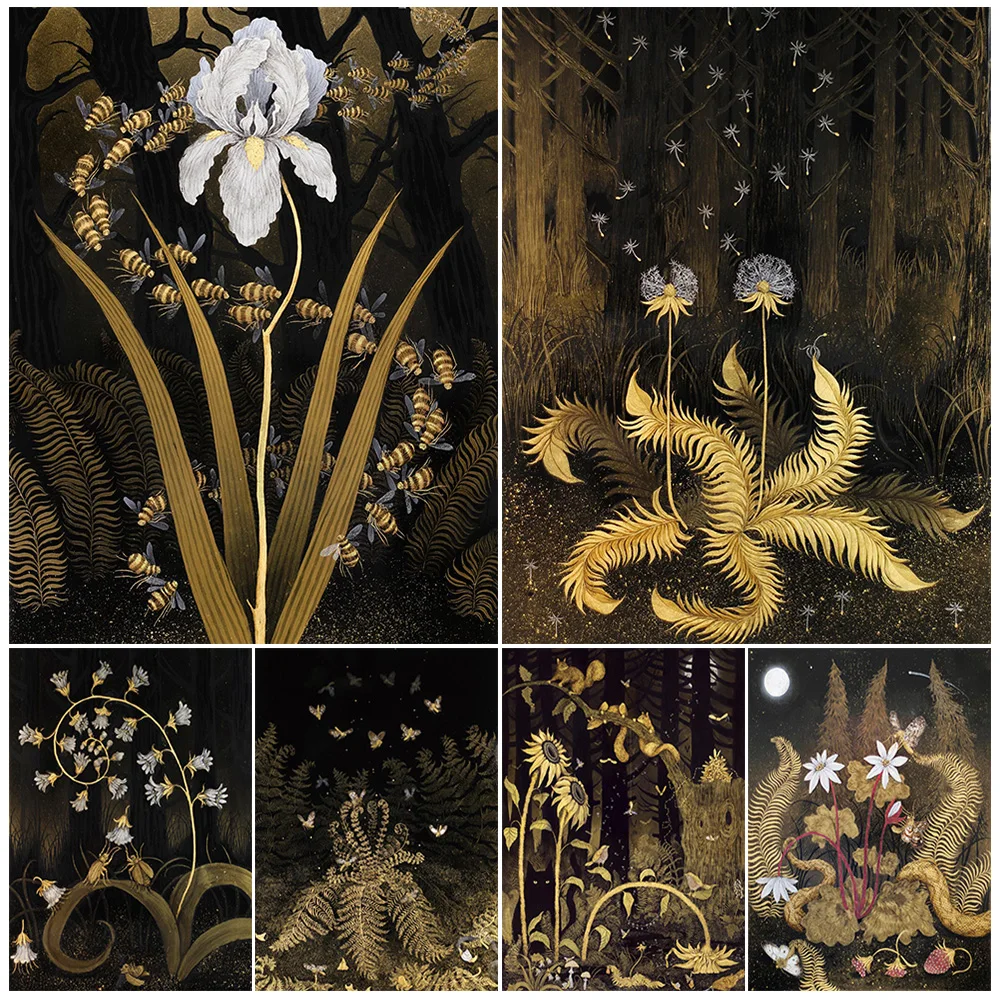 Psychedelic Mushrooms,Dandelions,Sunflowers,And Insects Art,Poster Print Home Decor,Magic Plant Abstract Wall Art,Canvas Print