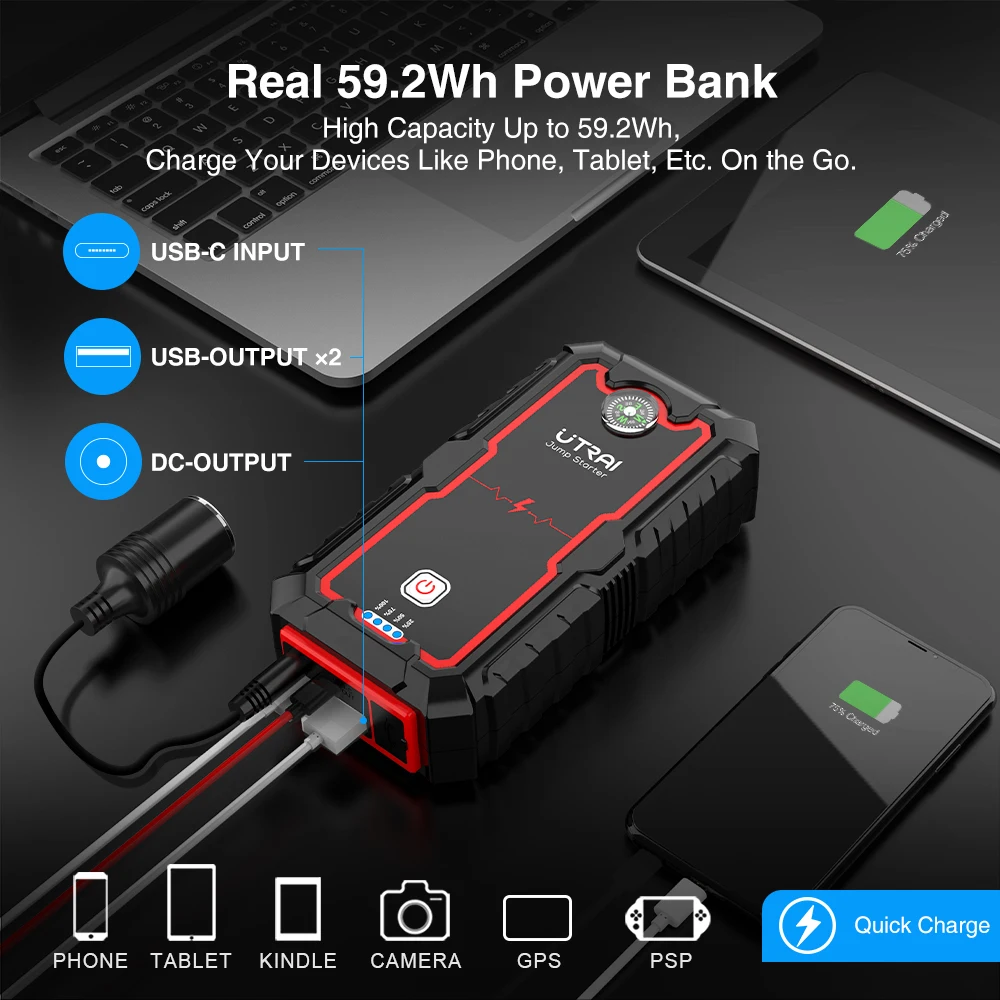 UTRAI 2500A Car Battery Starter Portable Power Bank 10W Wireless Charger  LED Light Safety Hammer Car Jump Starter - AliExpress