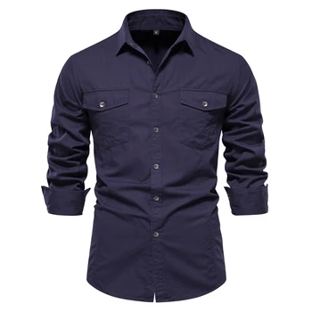 AIOPESON 2023 nuovo autunno stile militare 100% cotone camicia tascabile per uomo tinta unita Slim Casual uomo camicie manica lunga 1