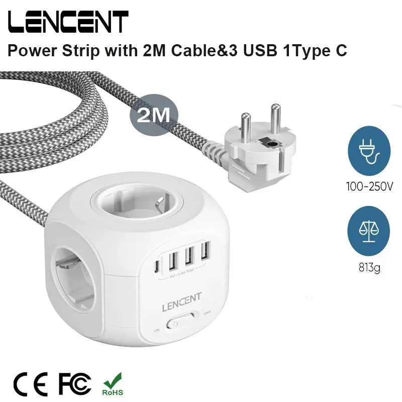 Power Strip LENCENT EU Plug with 4 AC Outlets 3 USB Port 1 Type C 2M/3M Braided Cable Multi Socket with Switch for Home